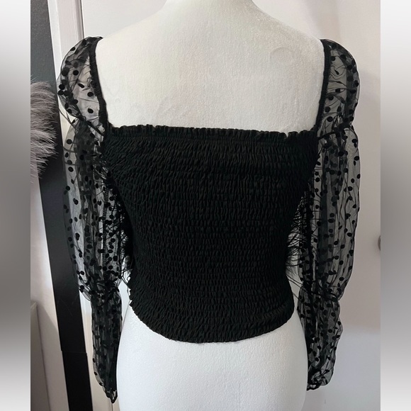 Black Ostrich Feather and Sheer Puff Polka Dot Sleeve Top - NWT - Picture 2 of 3